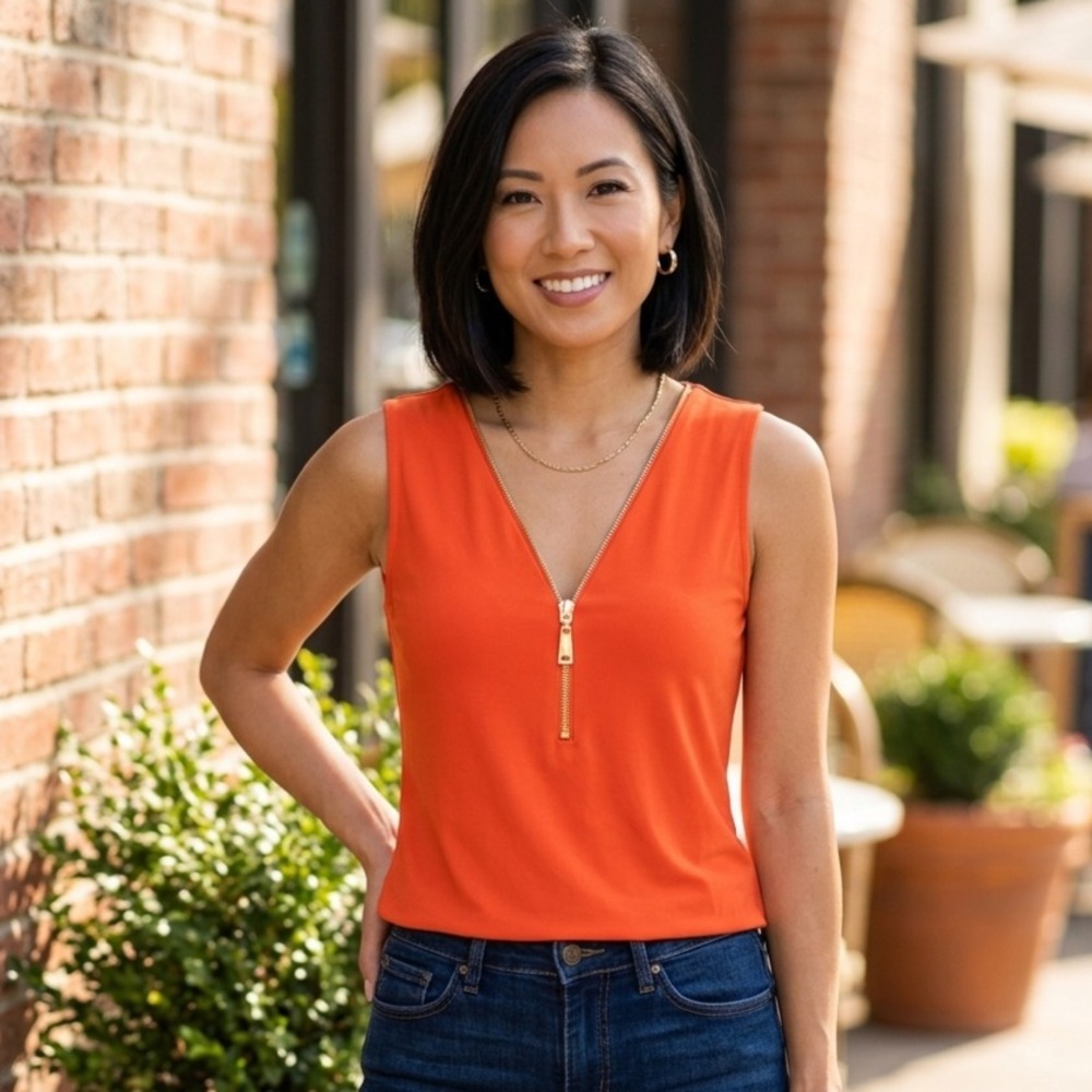 Carmen Marc Valvo Orange Zipper Blouse Womens XS Sleeveless Career Office Date